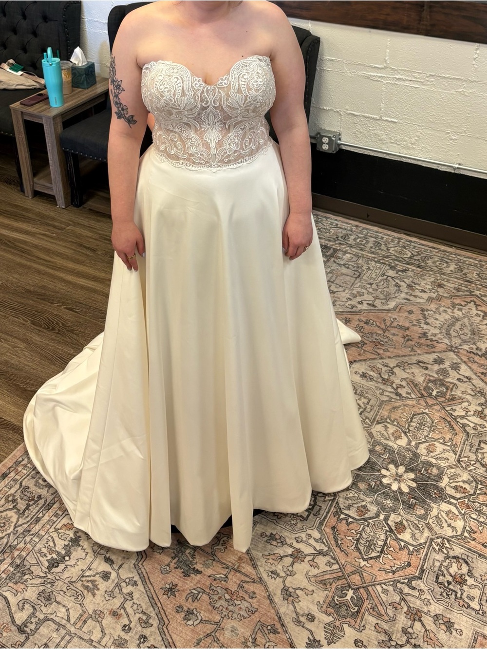 Strapless Ivory Lace Bodice Satin Skirt Wedding Dress